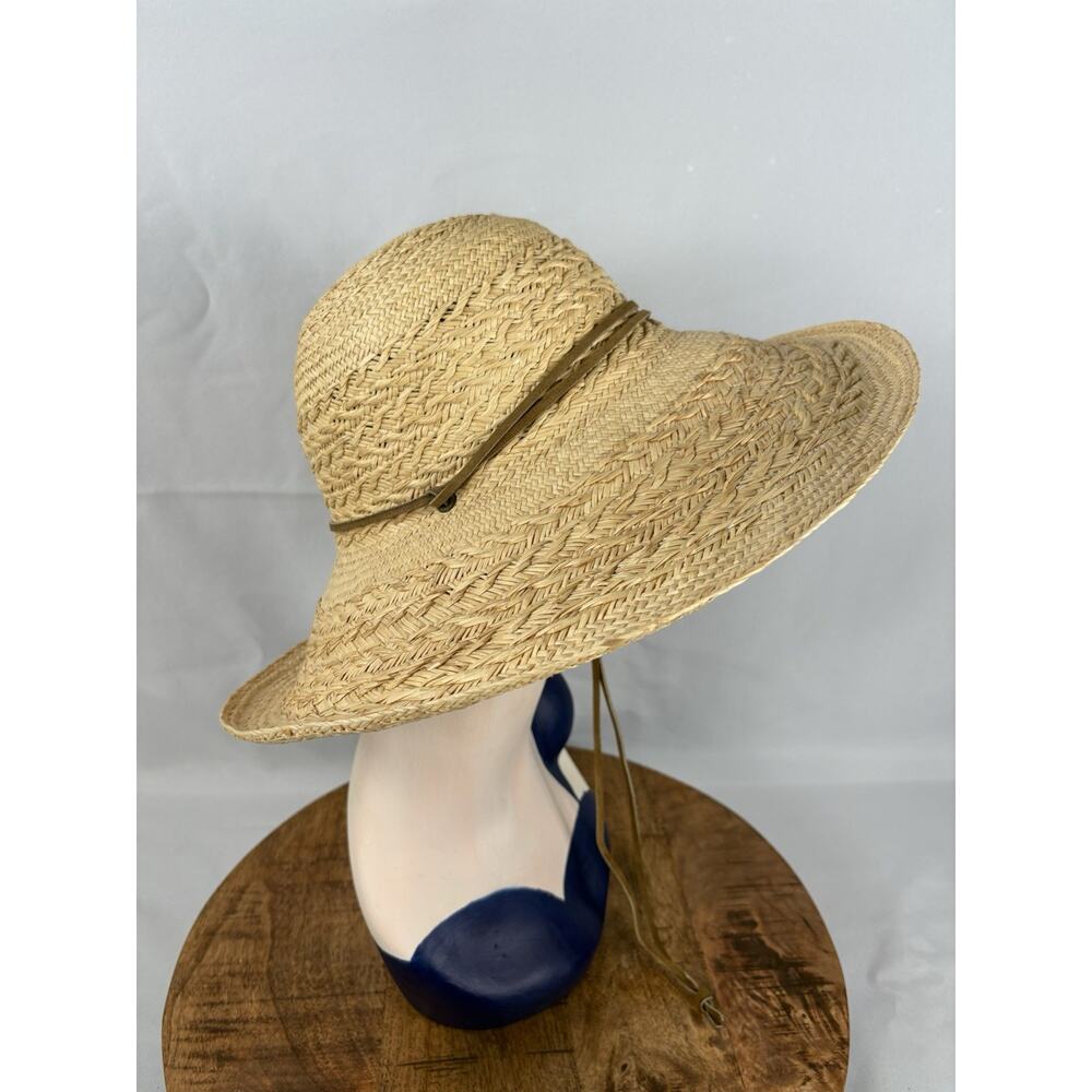 Vintage 1980’s Norm Thompson Straw Sun Hat Wide Brim Leather Tie Made In Usa